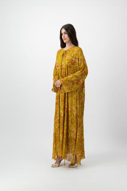 Silk Crystal Kaftan in Chartreuse Leaf print by GREI