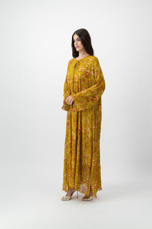 Silk Crystal Kaftan in Chartreuse Leaf print by GREI