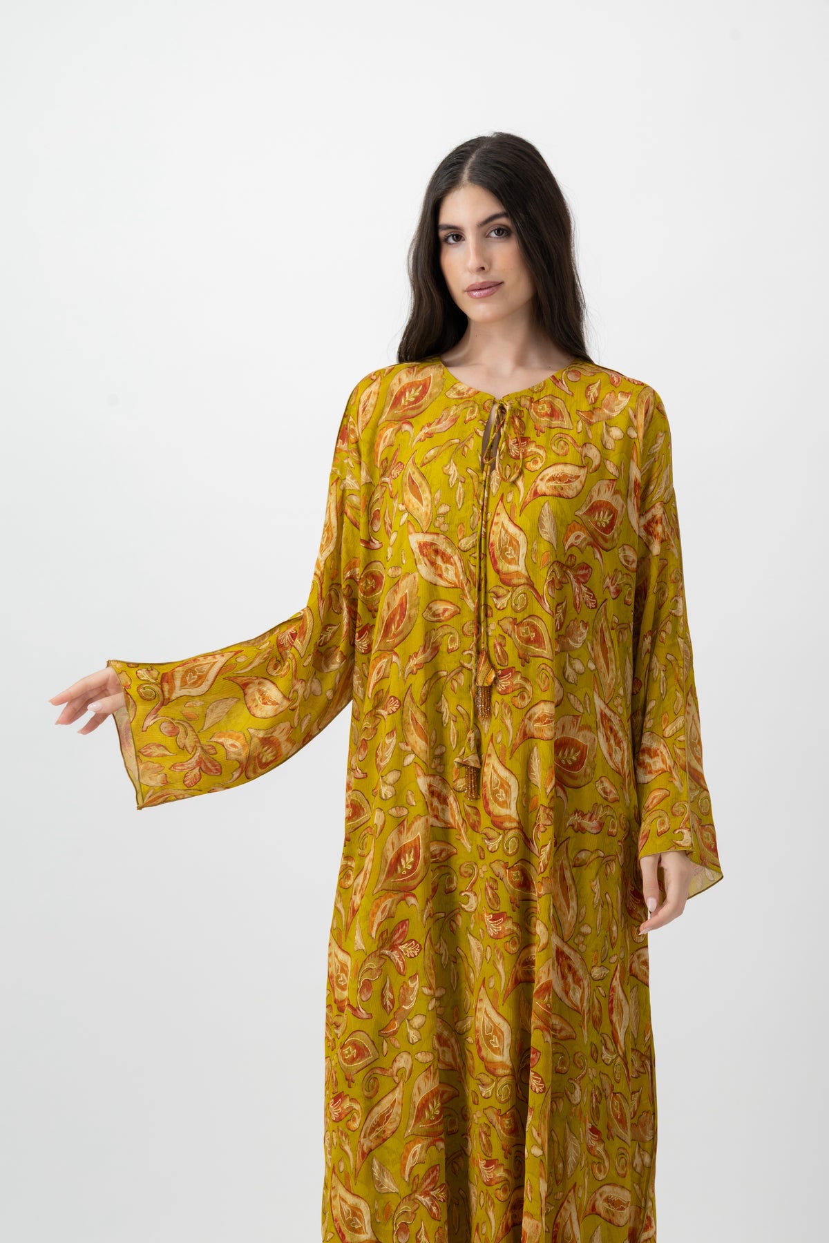 Silk Crystal Kaftan in Chartreuse Leaf print by GREI