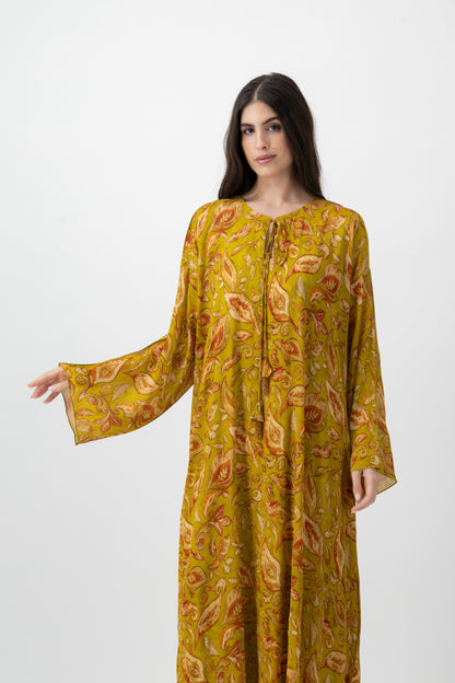 Silk Crystal Kaftan in Chartreuse Leaf print by GREI