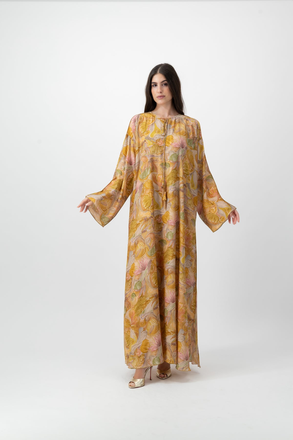 Silk Crystal Kaftan in Watercolour Garden print by GREI