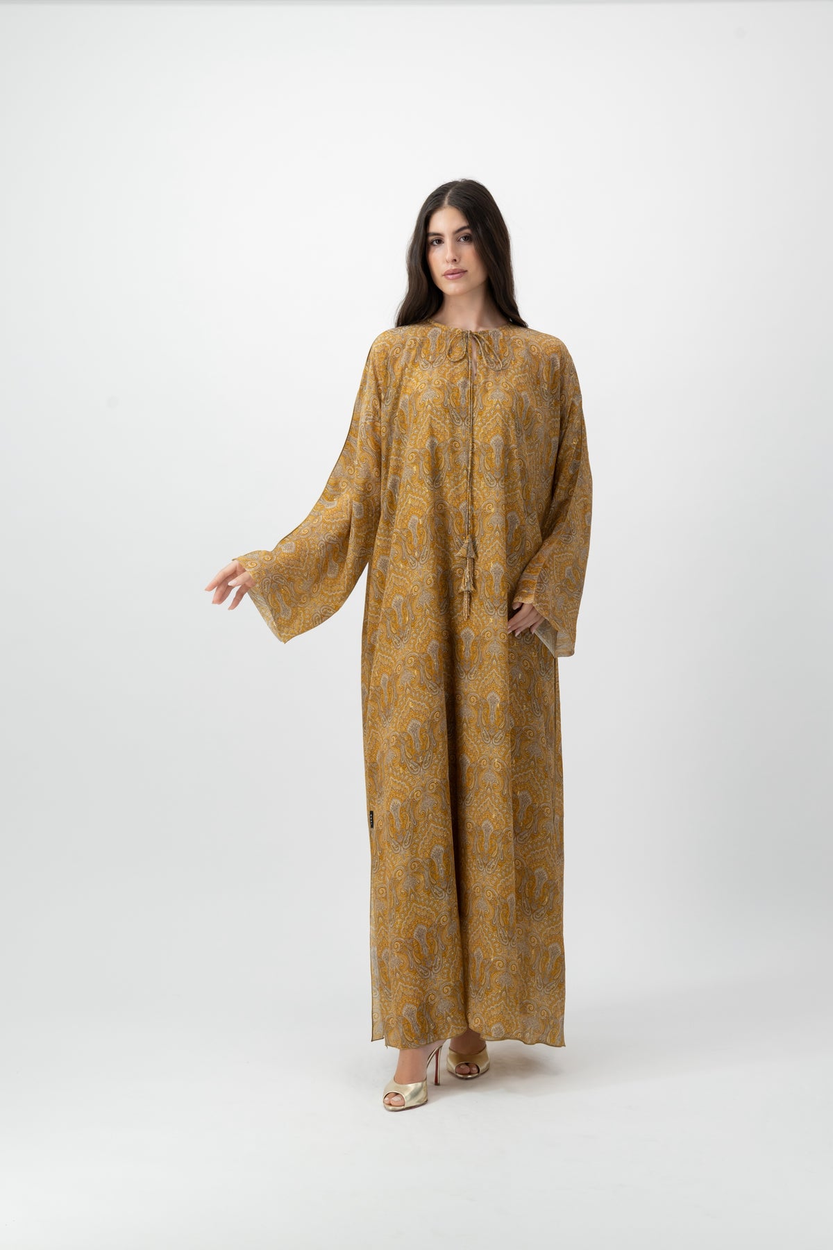 Silk Crystal Kaftan in Saffron Paisley print by GREI