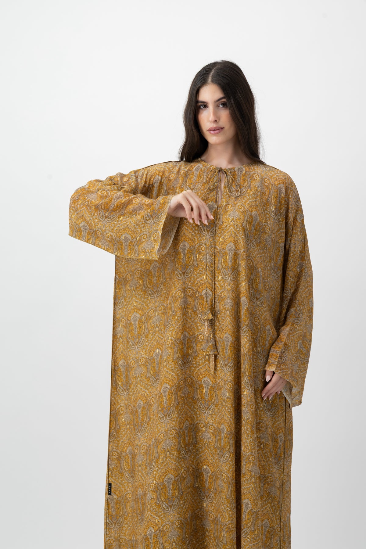 Silk Crystal Kaftan in Saffron Paisley print by GREI