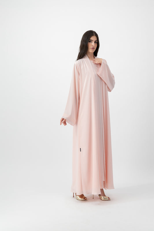 Crepe Crochet Trim abaya in Rosewater by GREI