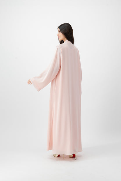 Crepe Crochet Trim abaya in Rosewater by GREI