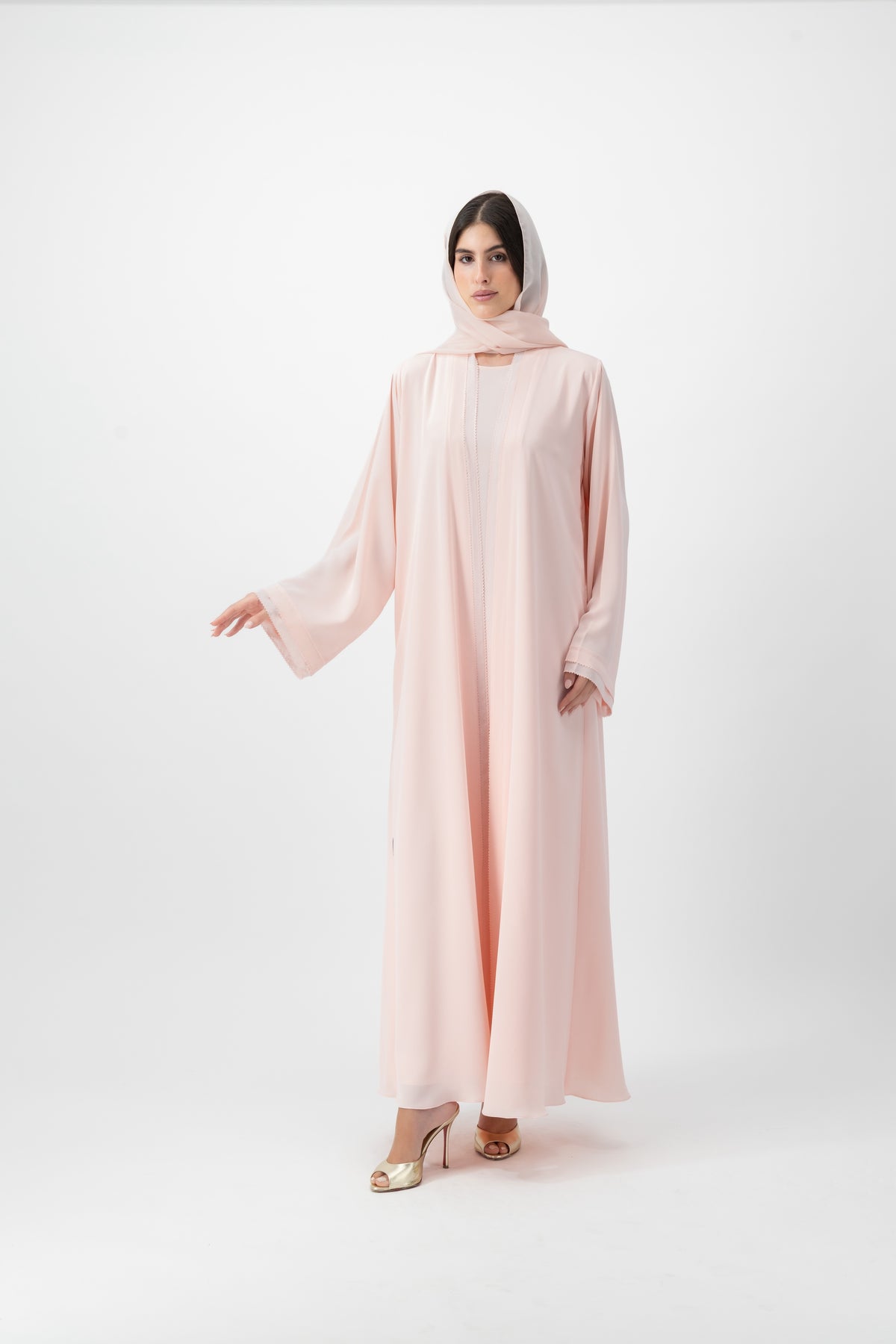 Crepe Crochet Trim abaya in Rosewater by GREI
