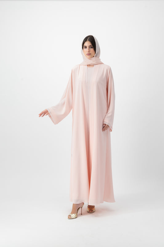 Crepe Crochet Trim abaya in Rosewater by GREI