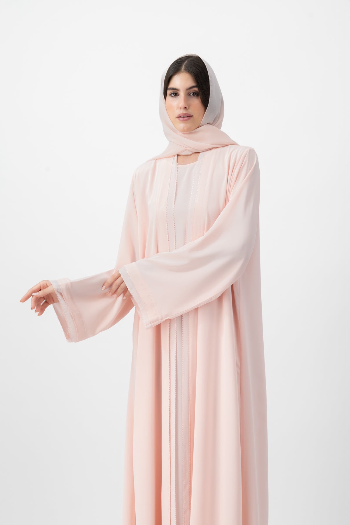 Crepe Crochet Trim abaya in Rosewater by GREI