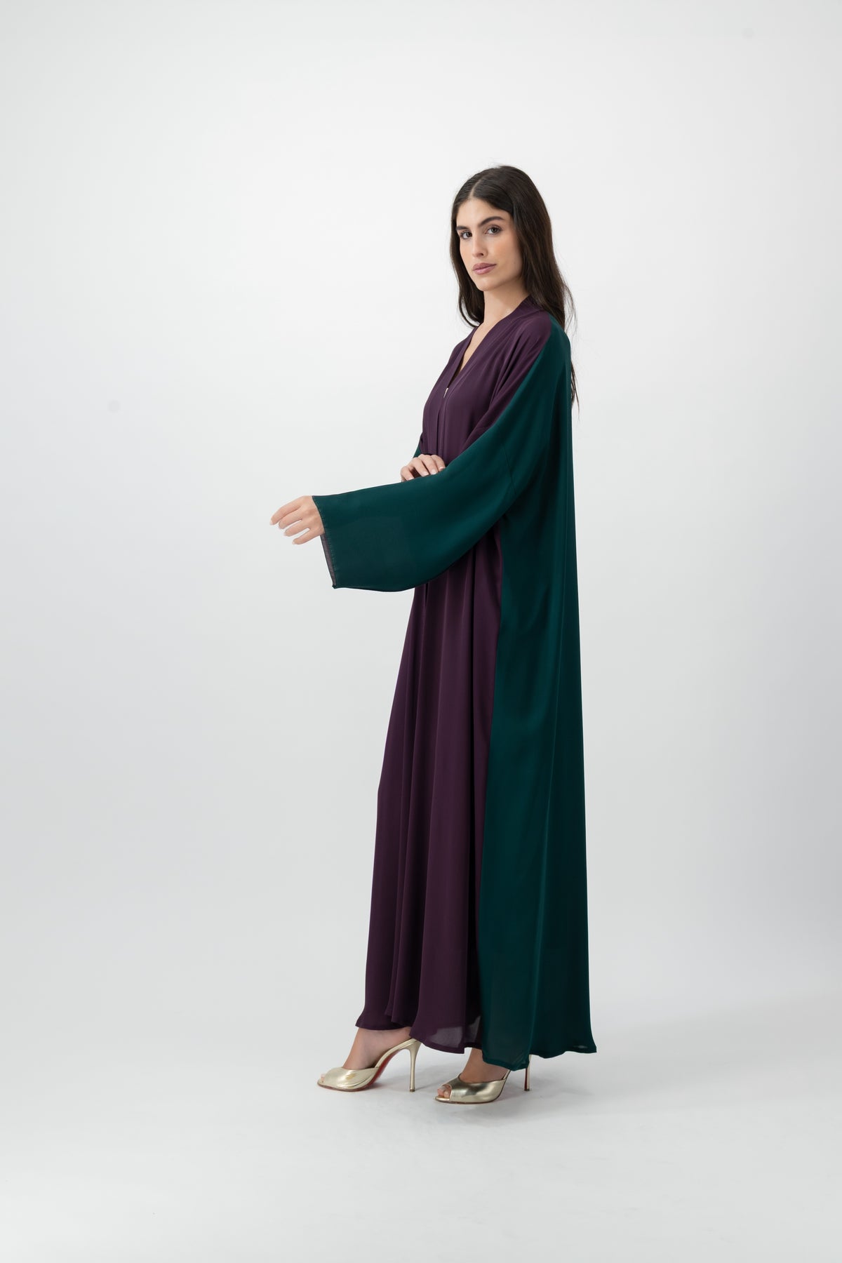 Silk Golden bisht abaya in Plum & Green by GREI