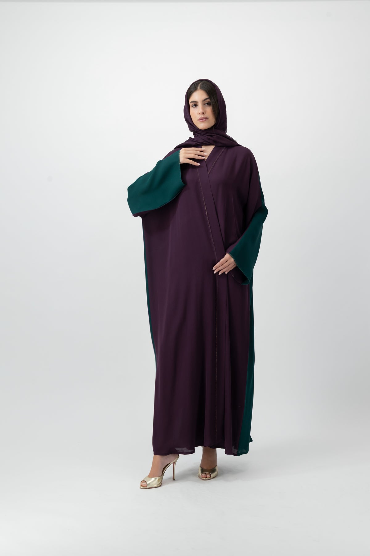 Silk Golden bisht abaya in Plum & Green by GREI