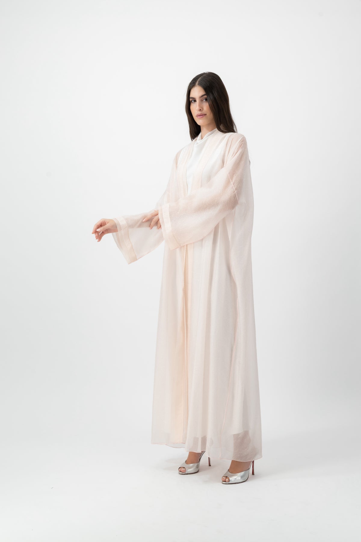 Feather Organza Crochet bisht abaya in Pearl Blush by GREI
