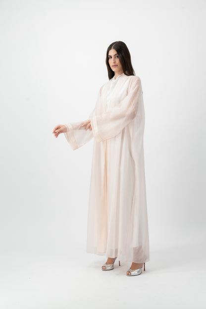 Feather Organza Crochet bisht abaya in Pearl Blush by GREI