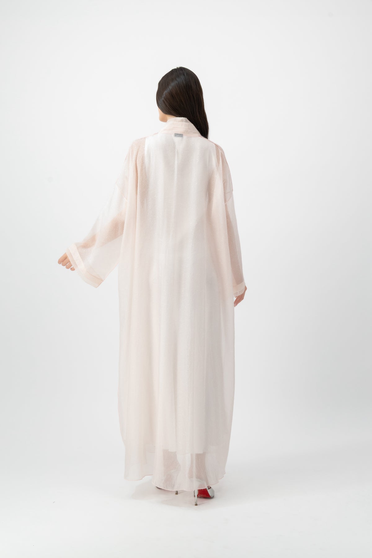 Feather Organza Crochet bisht abaya in Pearl Blush by GREI