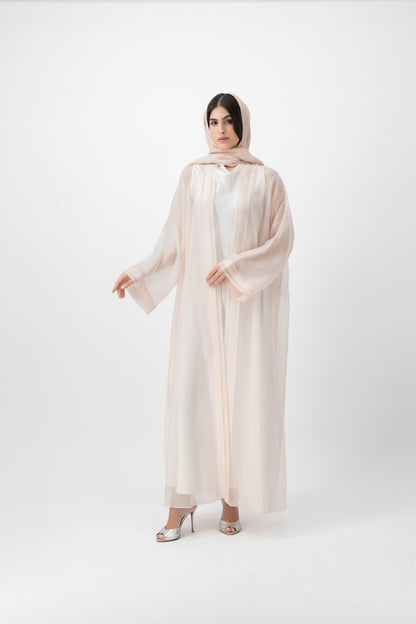 Feather Organza Crochet bisht abaya in Pearl Blush by GREI