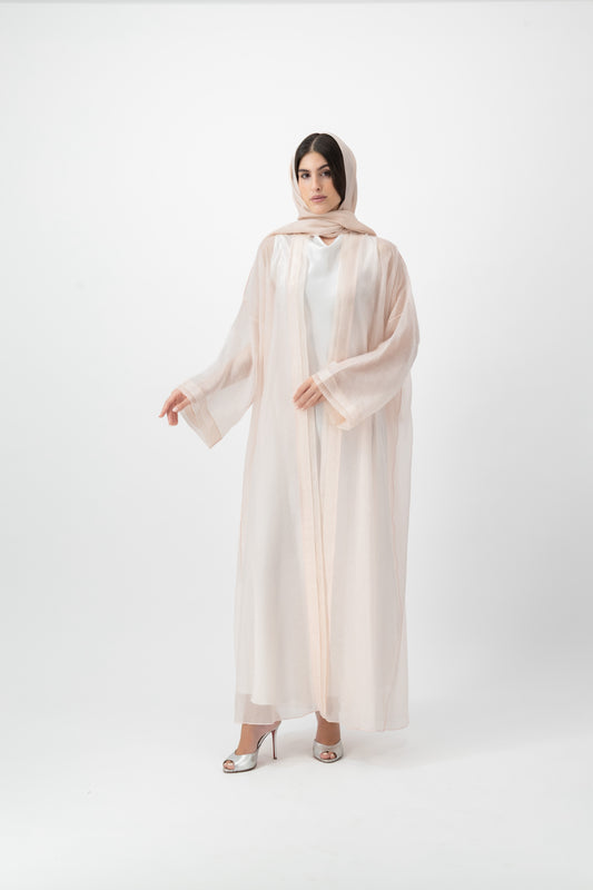 Feather Organza Crochet bisht abaya in Pearl Blush by GREI