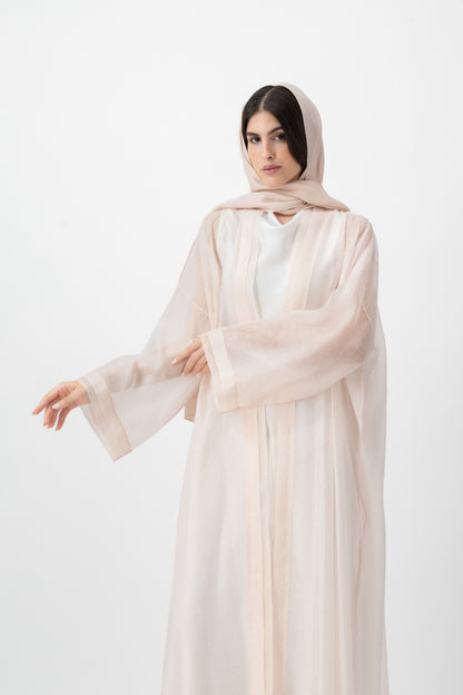 Feather Organza Crochet bisht abaya in Pearl Blush by GREI