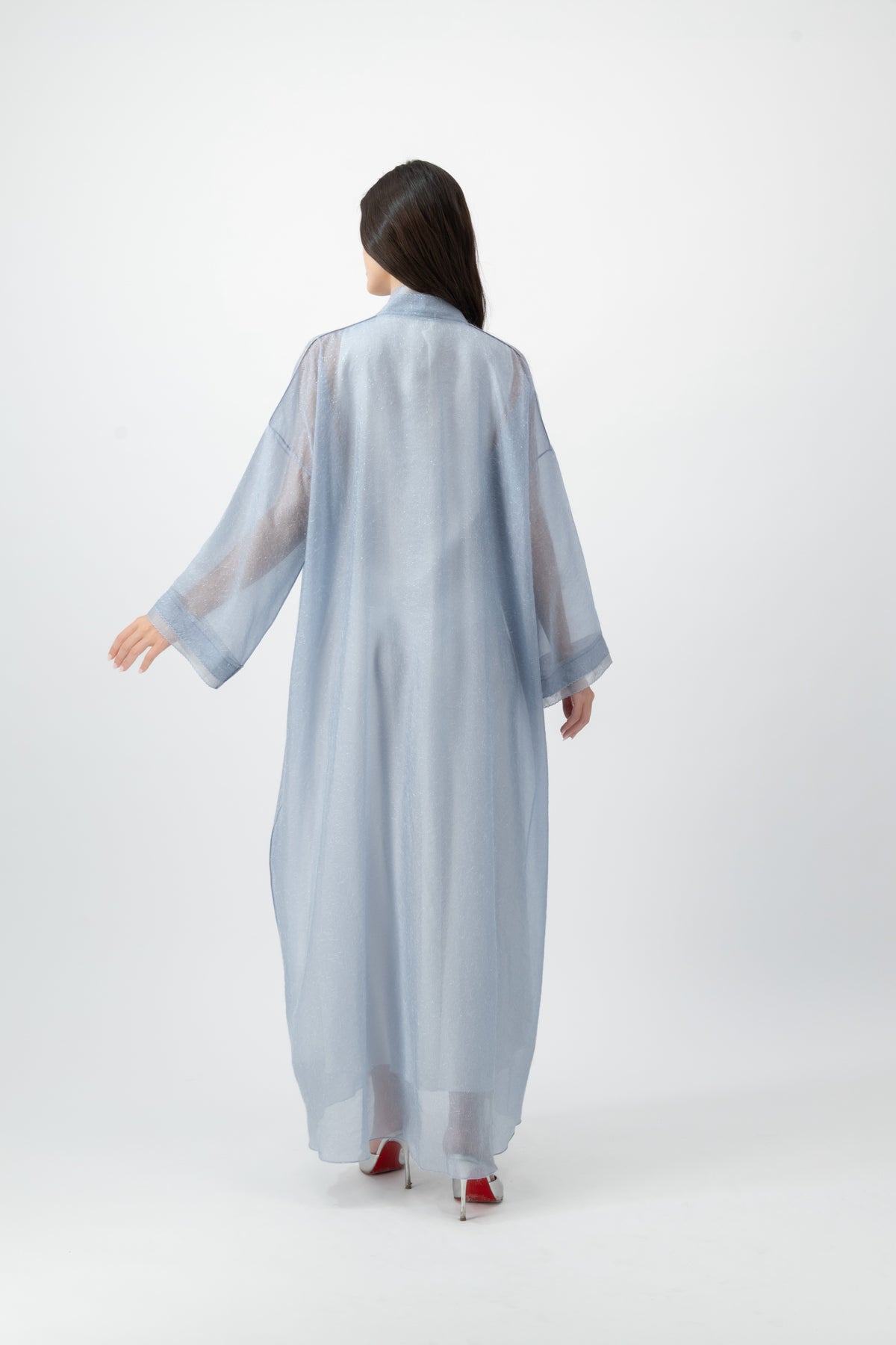 Feather Organza Crochet bisht abaya in Cashmere Blue by GREI