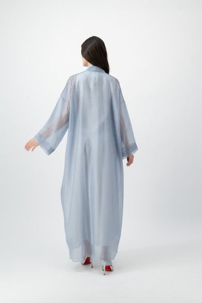 Feather Organza Crochet bisht abaya in Cashmere Blue by GREI