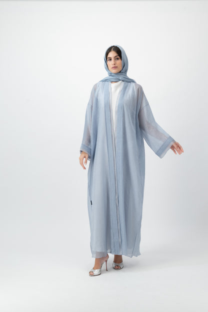Feather Organza Crochet bisht abaya in Cashmere Blue by GREI
