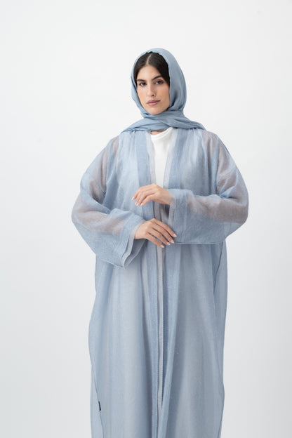 Feather Organza Crochet bisht abaya in Cashmere Blue by GREI