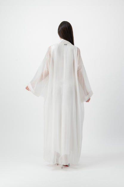 Feather Organza Crochet bisht abaya in White by GREI
