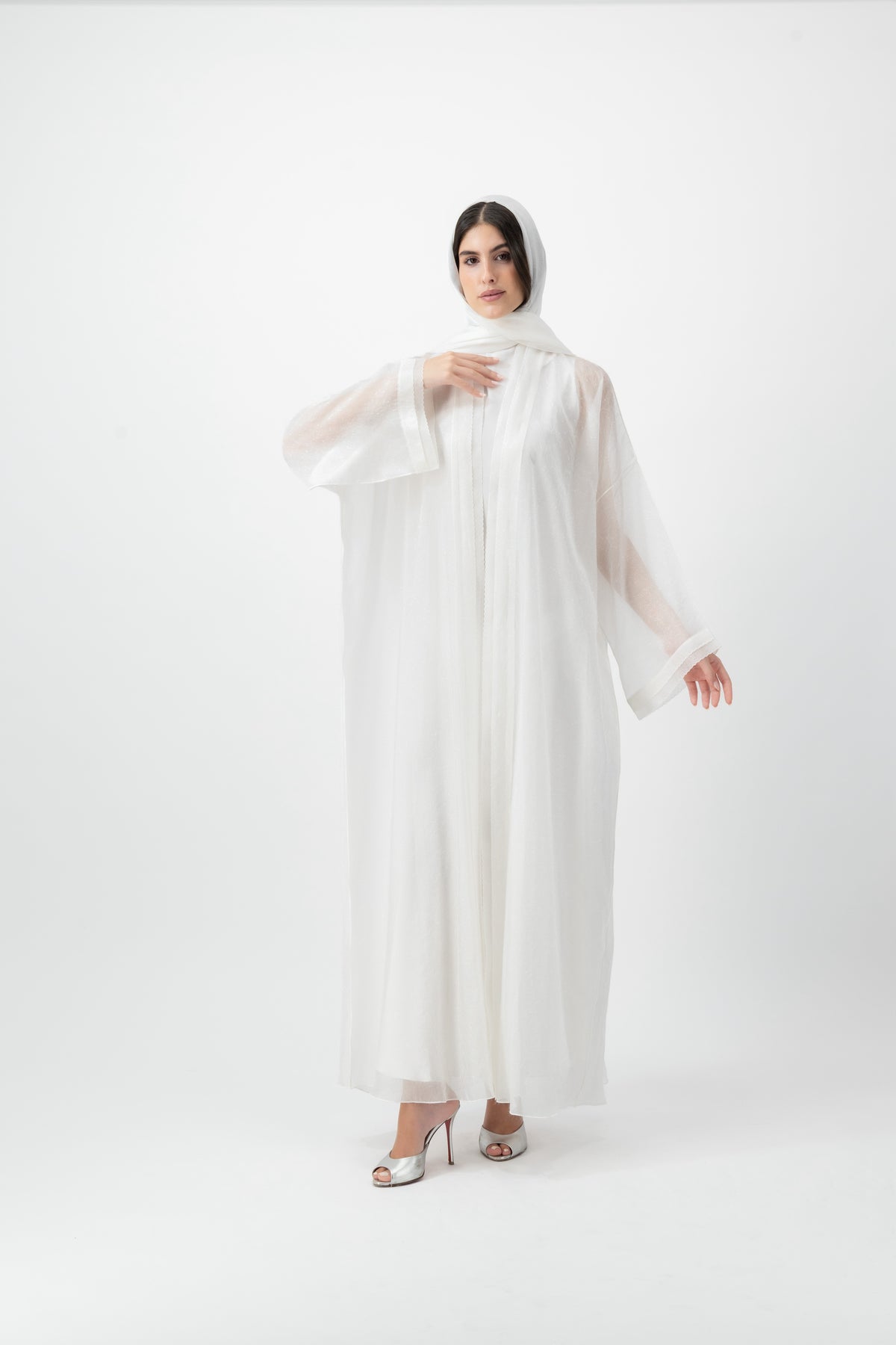 Feather Organza Crochet bisht abaya in White by GREI