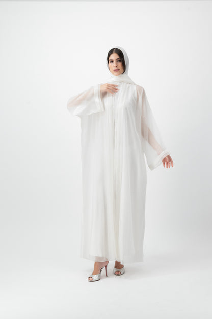 Feather Organza Crochet bisht abaya in White by GREI