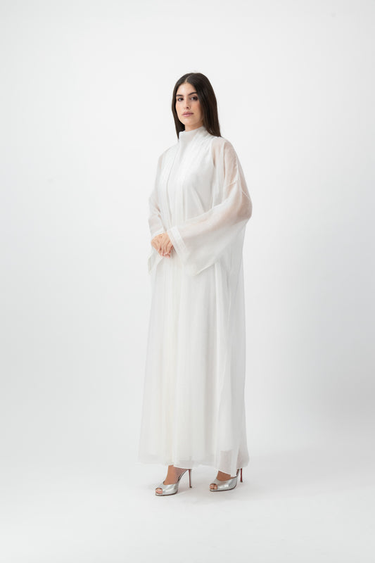Feather Organza Crochet bisht abaya in White by GREI