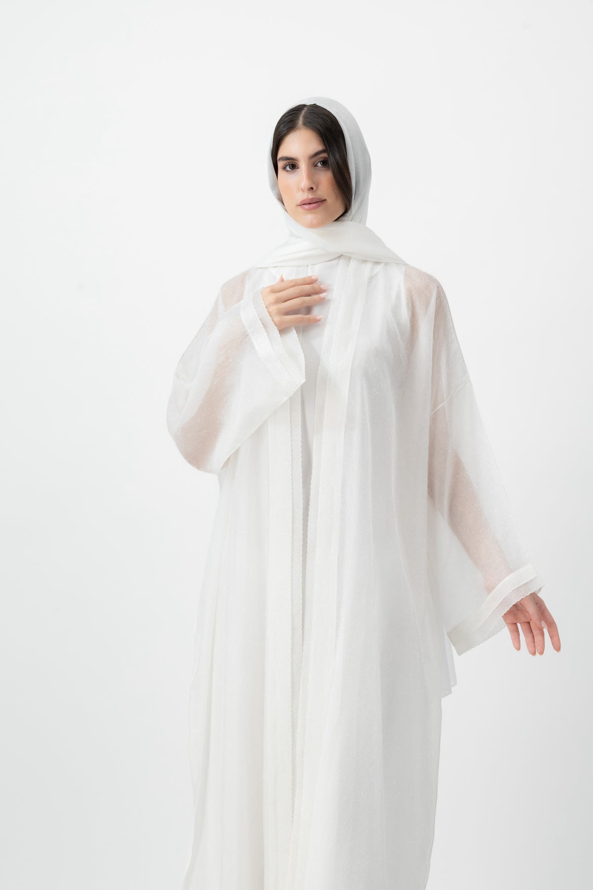 Feather Organza Crochet bisht abaya in White by GREI