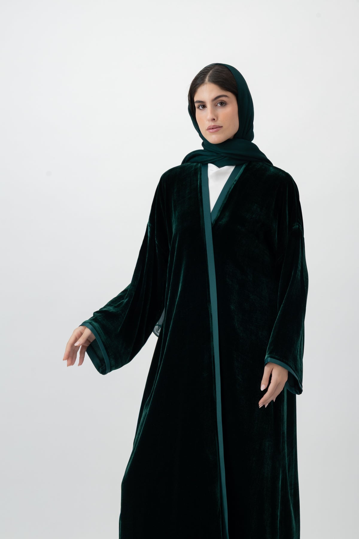 Velvet bisht abaya in Emerald Green by GREI