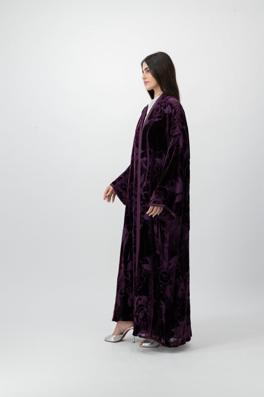 Moroccan Bloom velvet bisht abaya in Plum by GREI