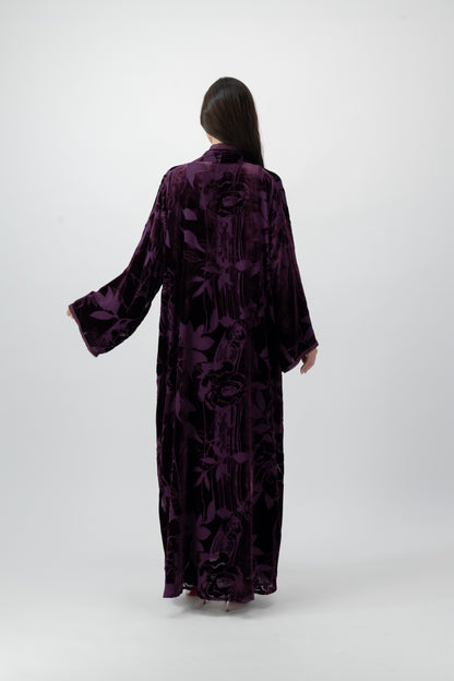 Moroccan Bloom velvet bisht abaya in Plum by GREI