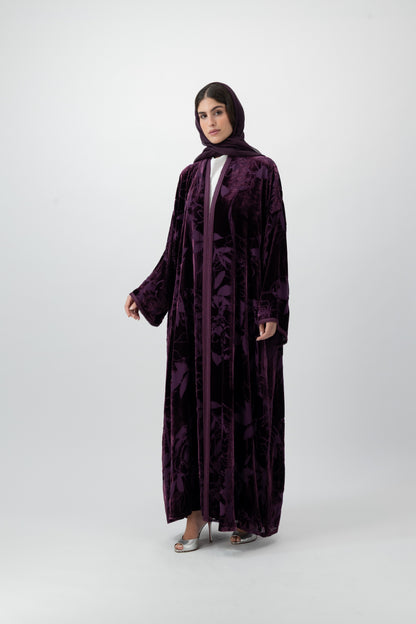 Moroccan Bloom velvet bisht abaya in Plum by GREI