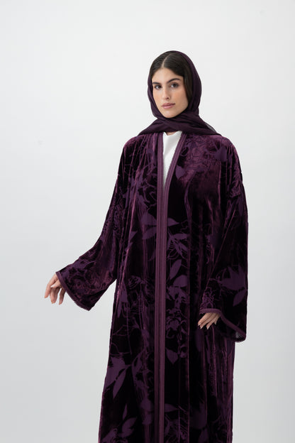 Moroccan Bloom velvet bisht abaya in Plum by GREI