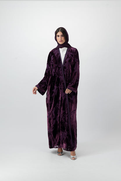 Bloom velvet bisht abaya in Plum by GREI