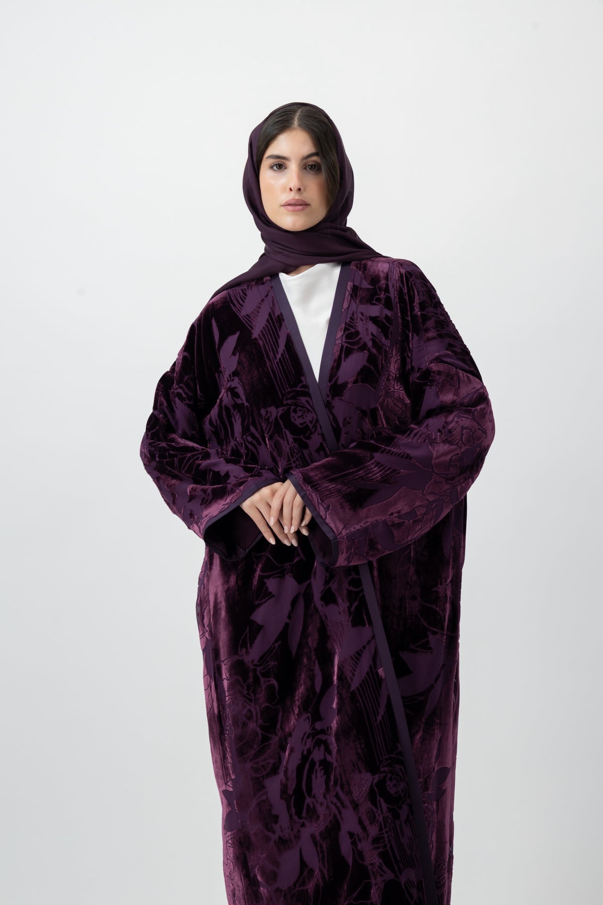 Bloom velvet bisht abaya in Plum by GREI
