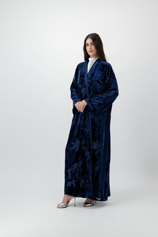Bloom velvet bisht abaya in Navy by GREI