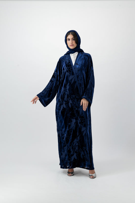 Bloom velvet bisht abaya in Navy by GREI