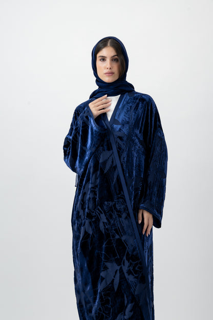 Bloom velvet bisht abaya in Navy by GREI