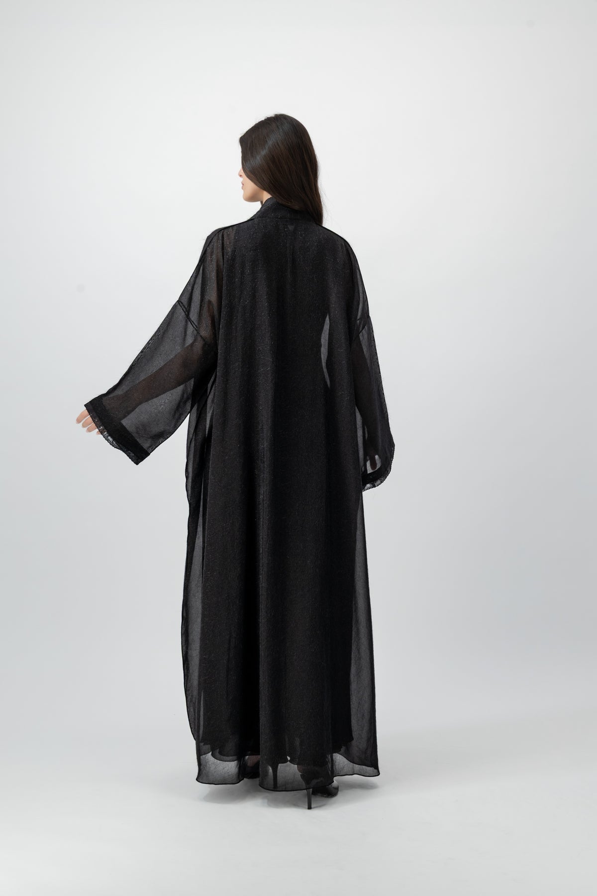Feather Organza Crochet bisht abaya in Black by GREI