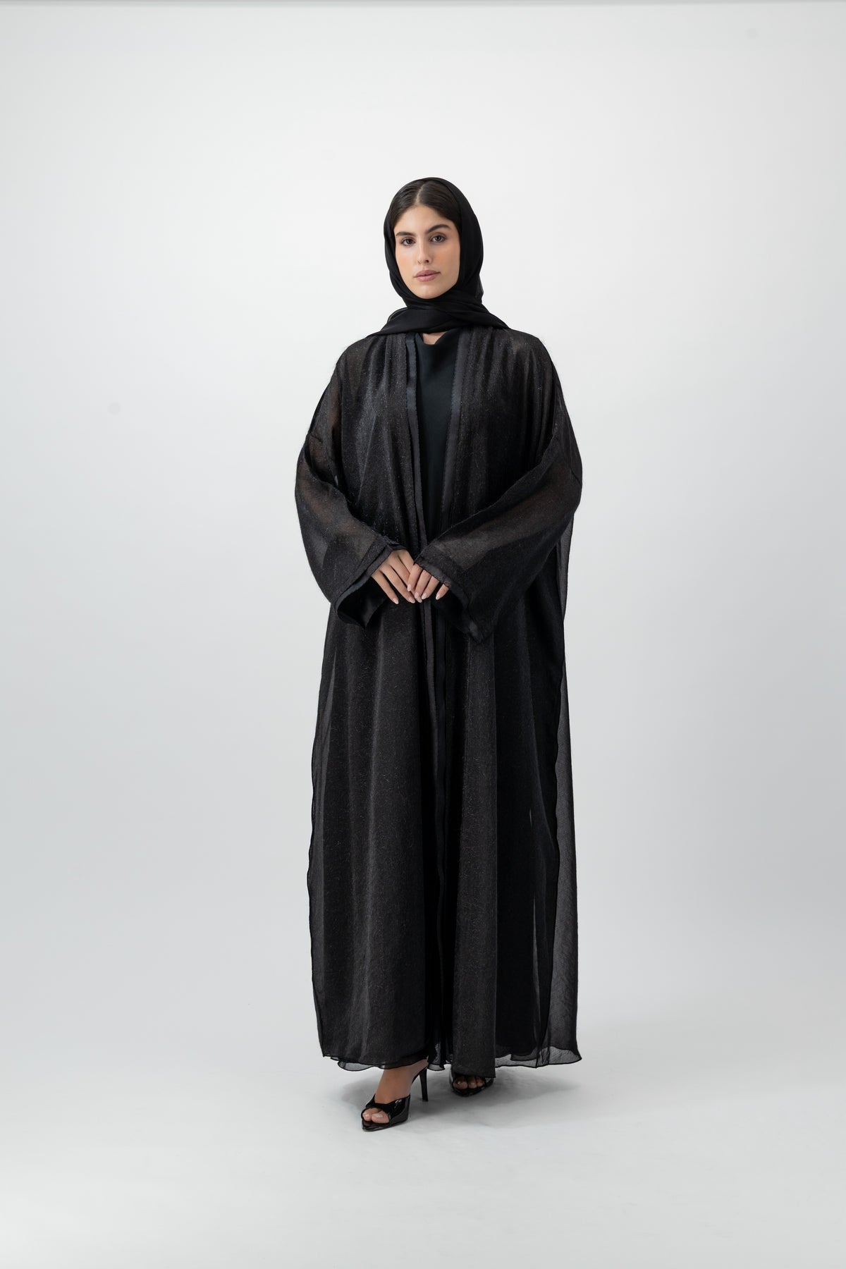 Feather Organza Crochet bisht abaya in Black by GREI
