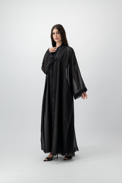 Feather Organza Crochet bisht abaya in Black by GREI