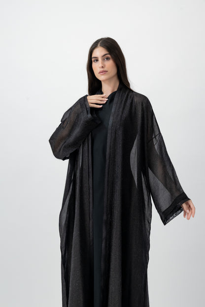 Feather Organza Crochet bisht abaya in Black by GREI