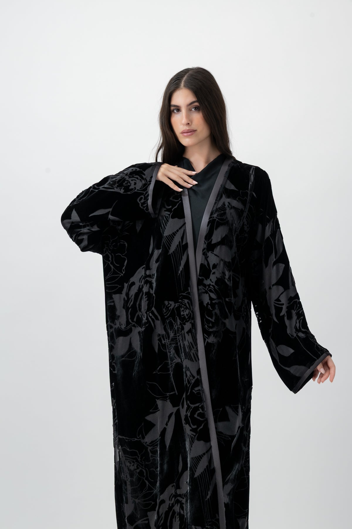 Bloom velvet bisht abaya in Black by GREI